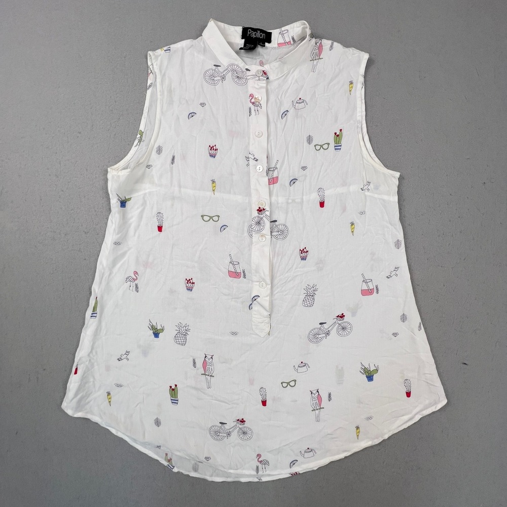 Papillon Novelty Print Tunic Women Large White Sleeveless Flamingo Bicycle Boho